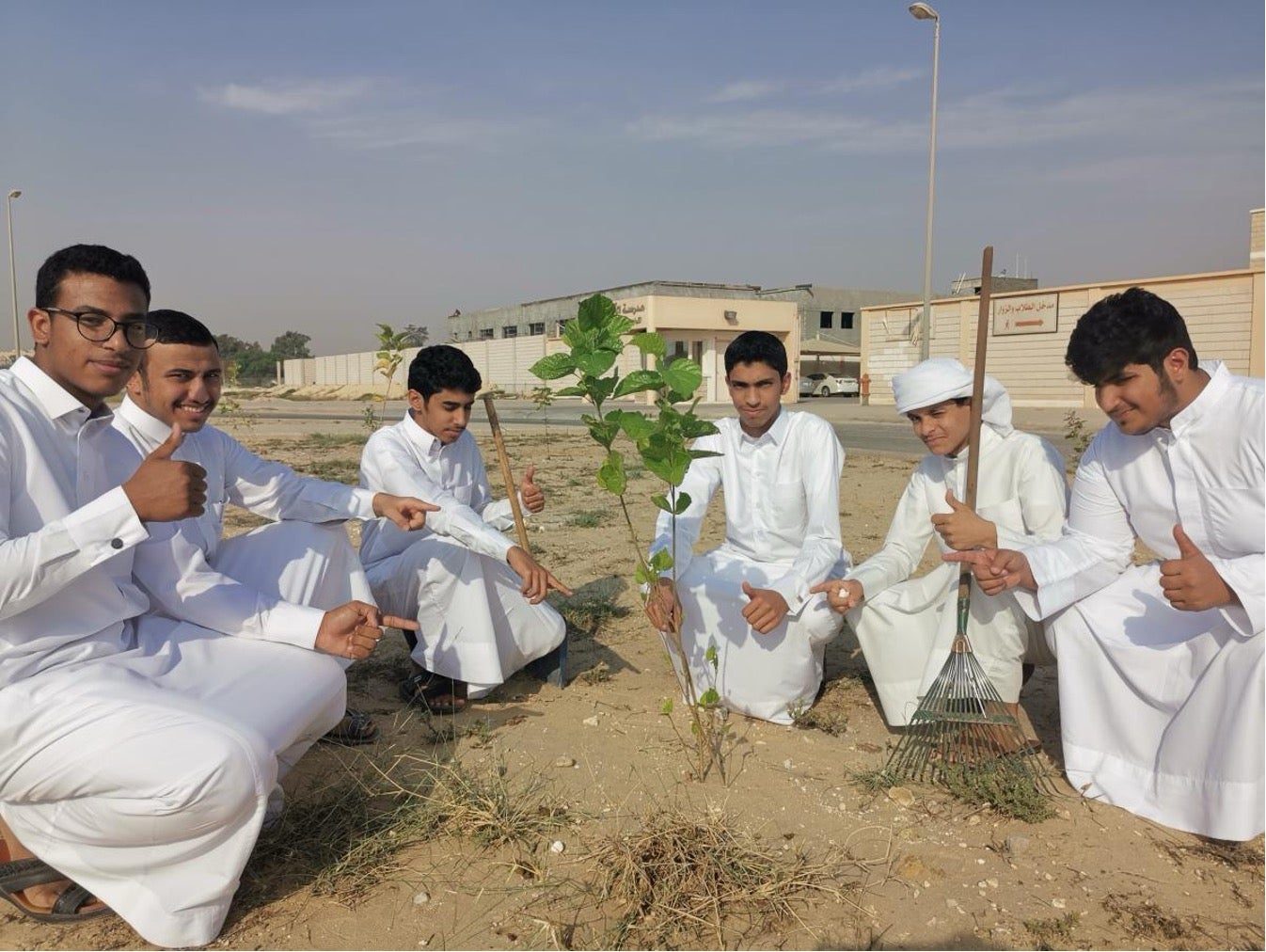 A group of students next to a seedling