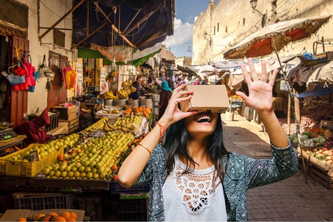 Woman using a virtual reality headset in a market.