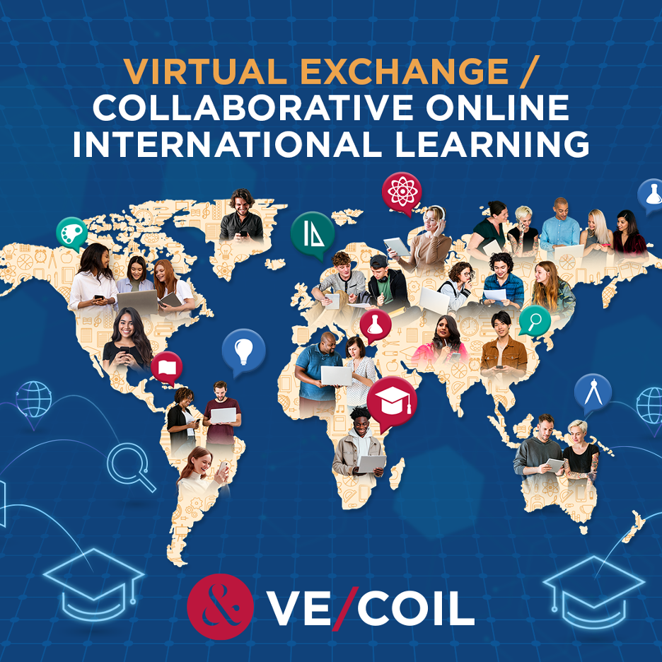 World map with images of young people and students throughout. Text reads, "Virtual Exchange / Collaborative Online International Learning" and "VE/COIL"